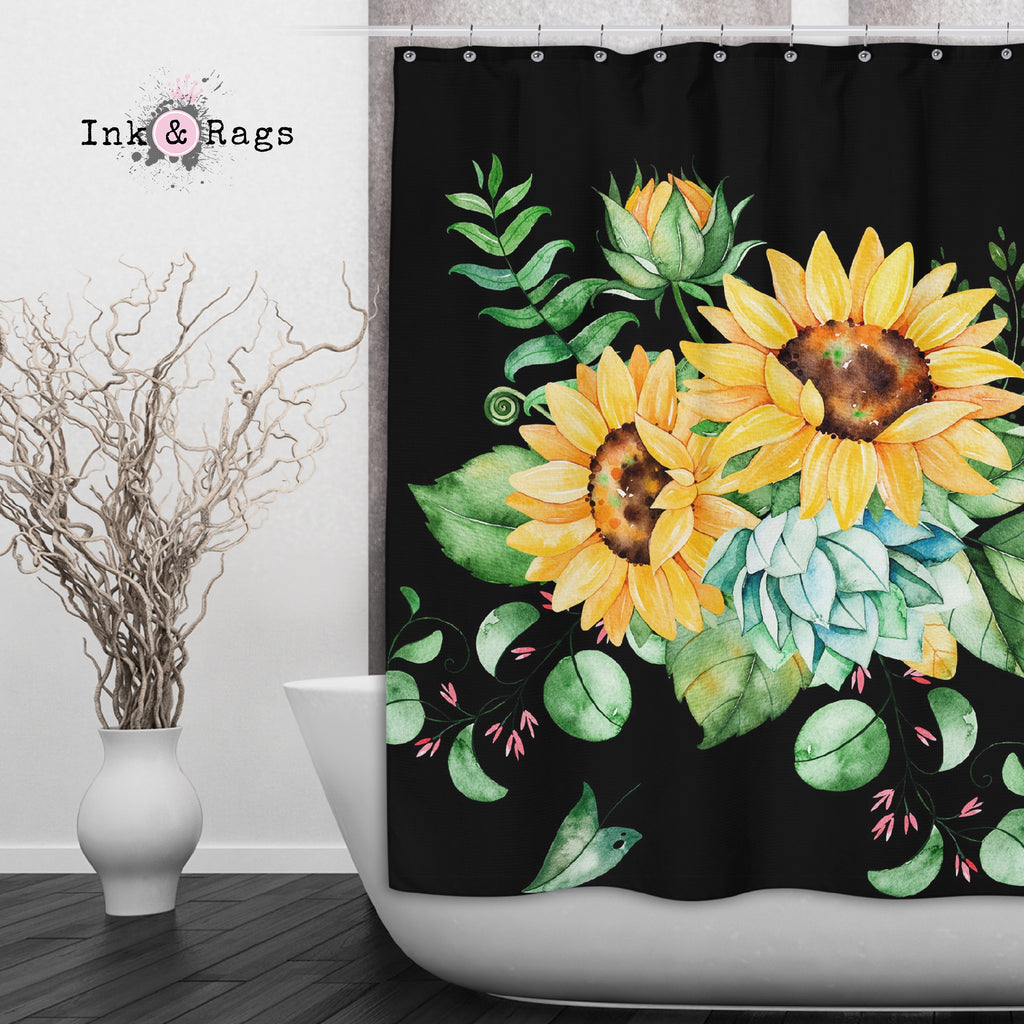 Grand Sunflower on Black Shower Curtains and Optional Bath Mats