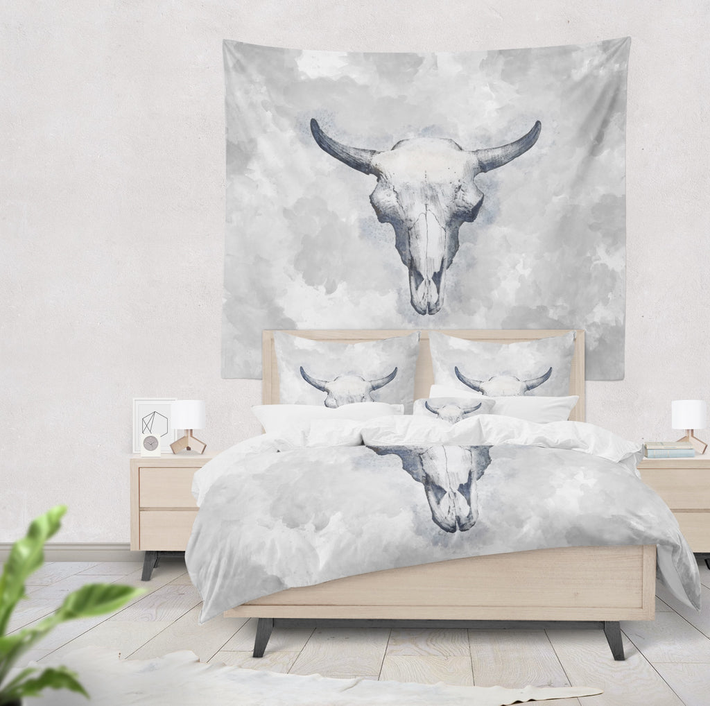 Blue Bull Cow Skull Wall Tapestry