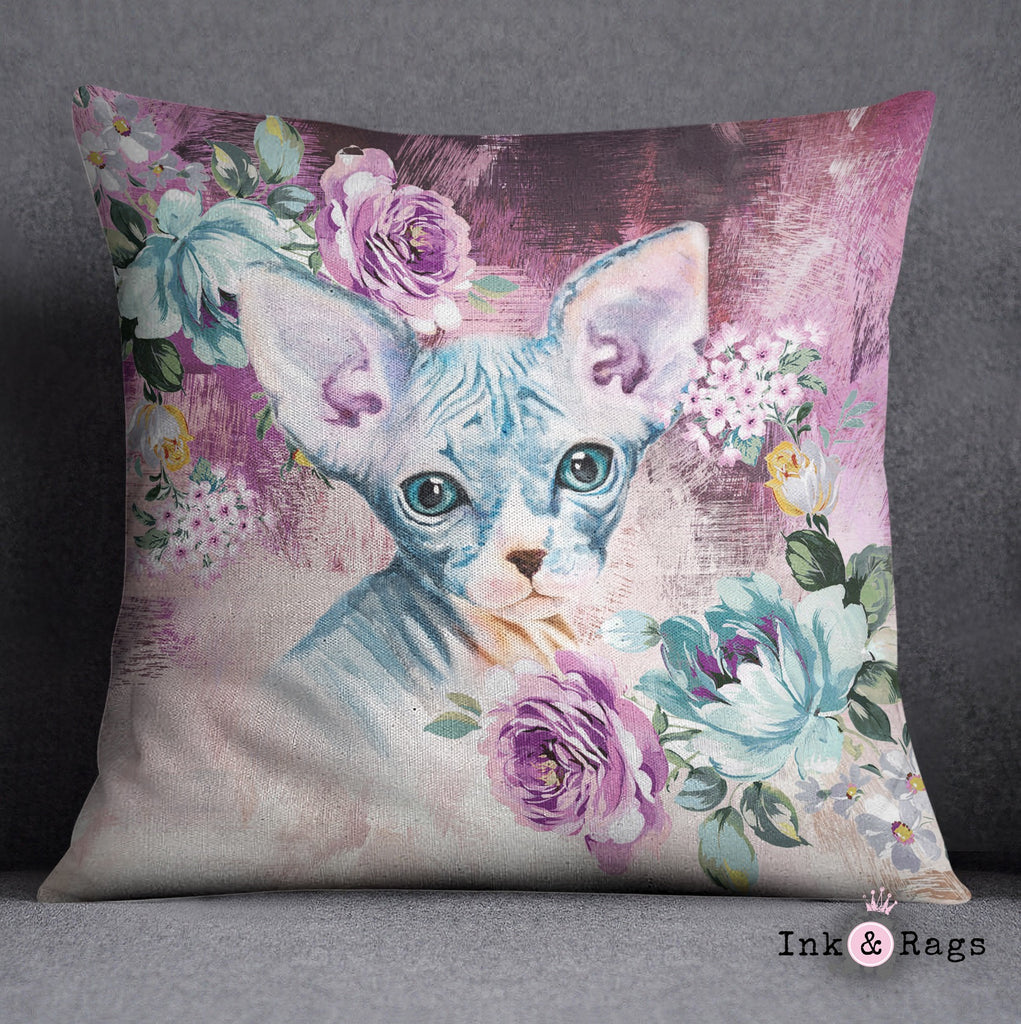 Precious Baby Sphynx Kitten and Flower Decorative Throw and Pillow Cover Set