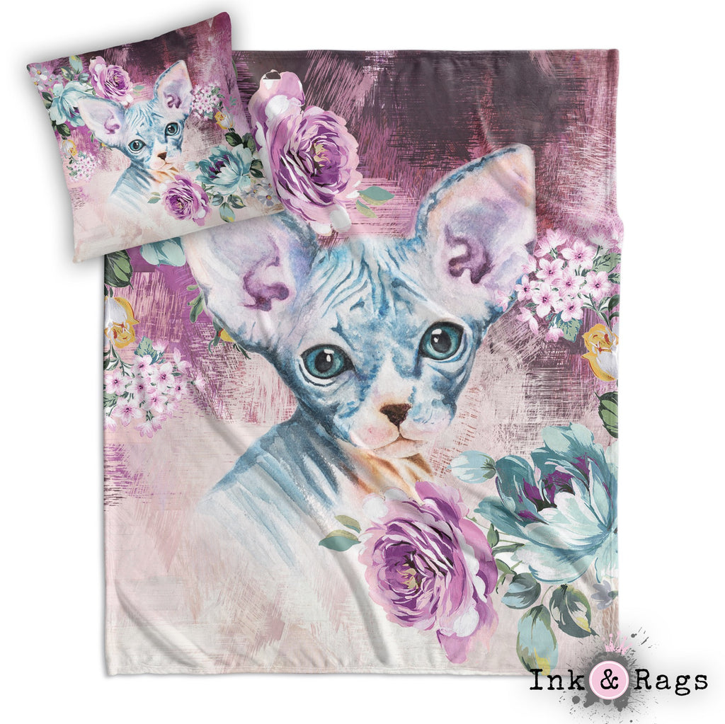 Precious Baby Sphynx Kitten and Flower Decorative Throw and Pillow Cover Set
