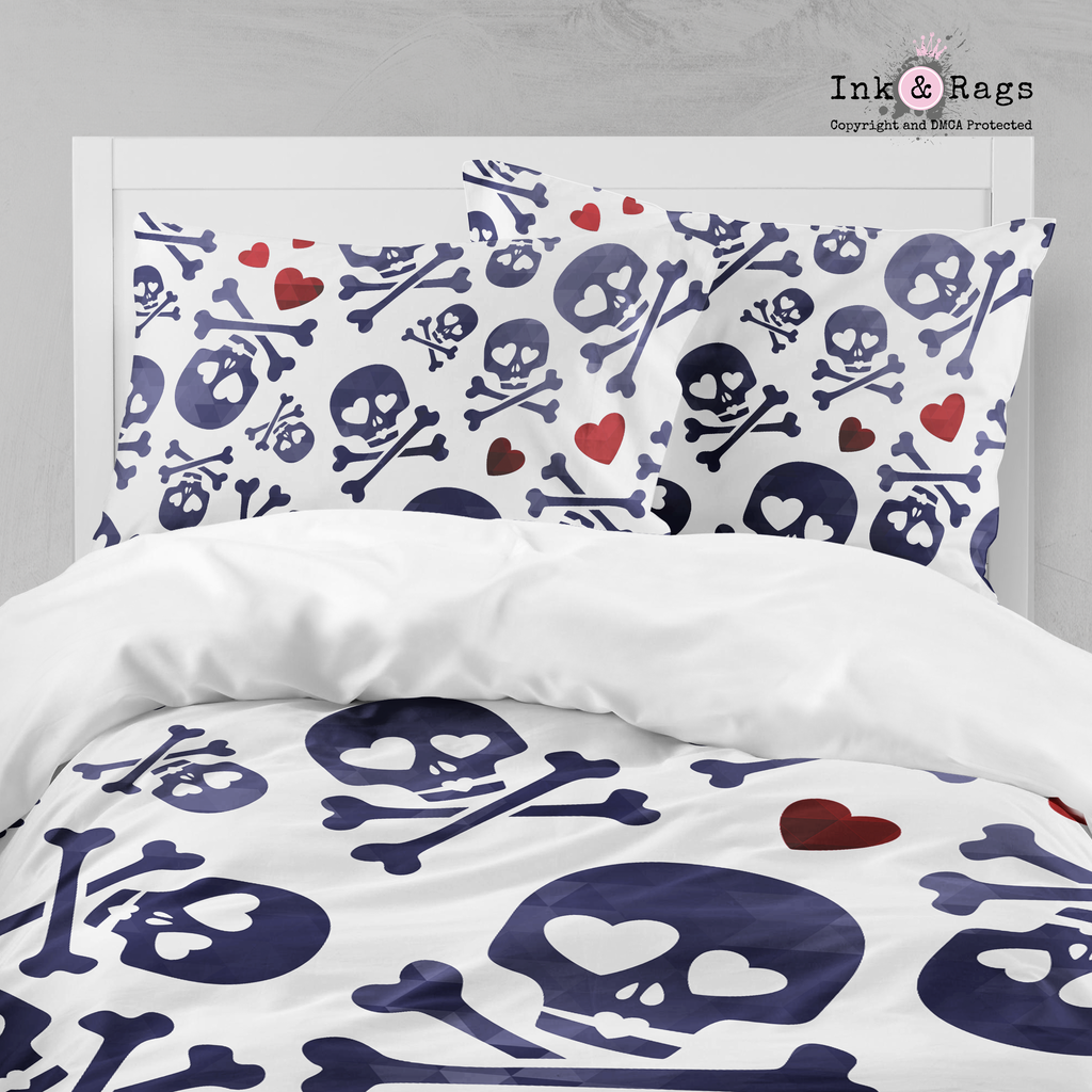 Blue Skull and Crossbone with Red Hearts Bedding Collection