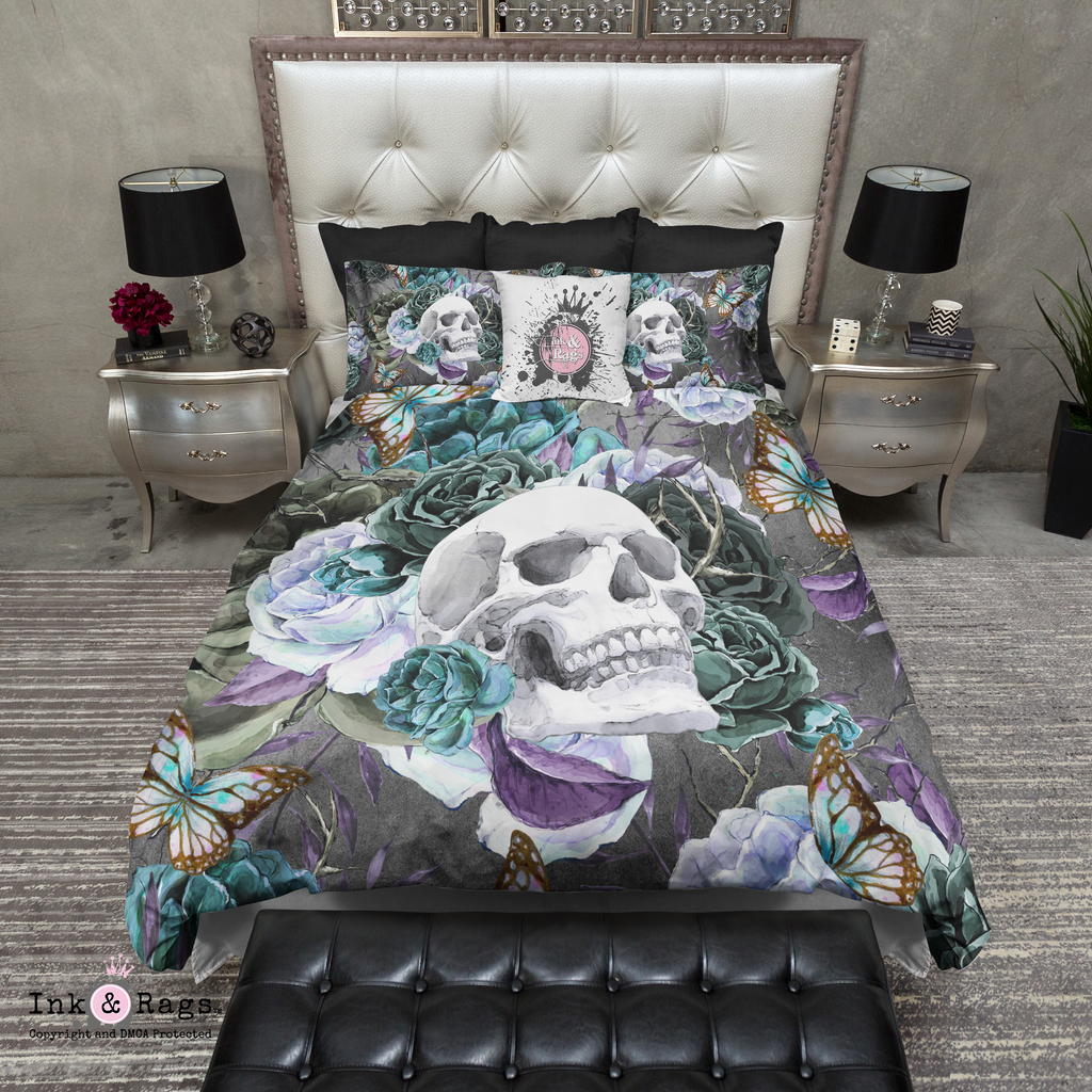 Forget Me Not Teal Rose Butterfly and Skull Bedding Collection
