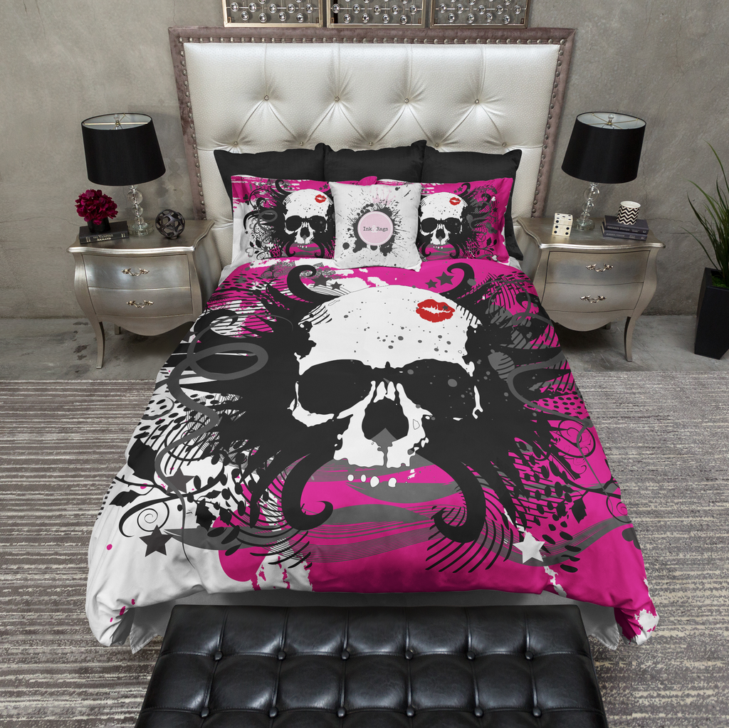 Hot Pink and Black Kiss Skull Bedding Collection
