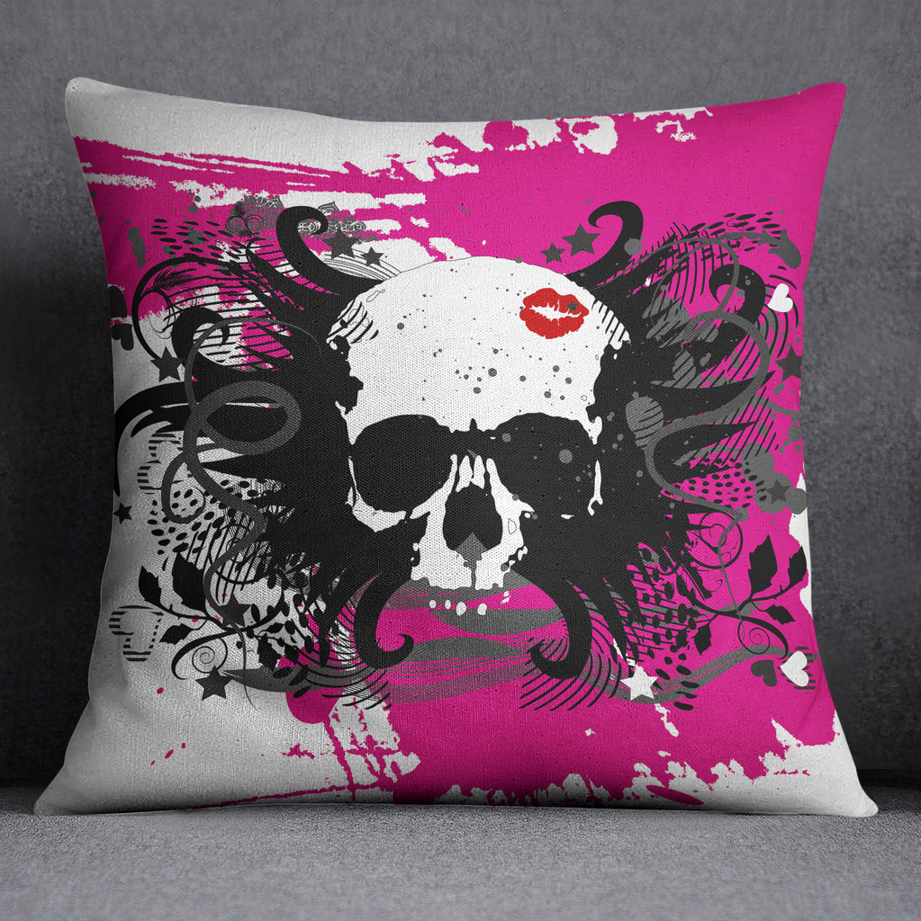 Hot Pink and Black Kiss Skull Throw Pillow