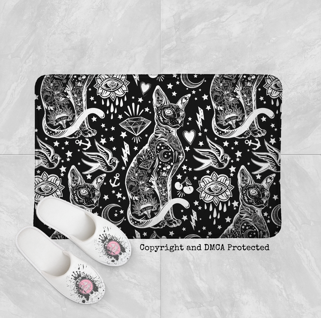 Black and White Old School Tattoo Sphynx Cat Shower Curtains and Optional Bath Mats