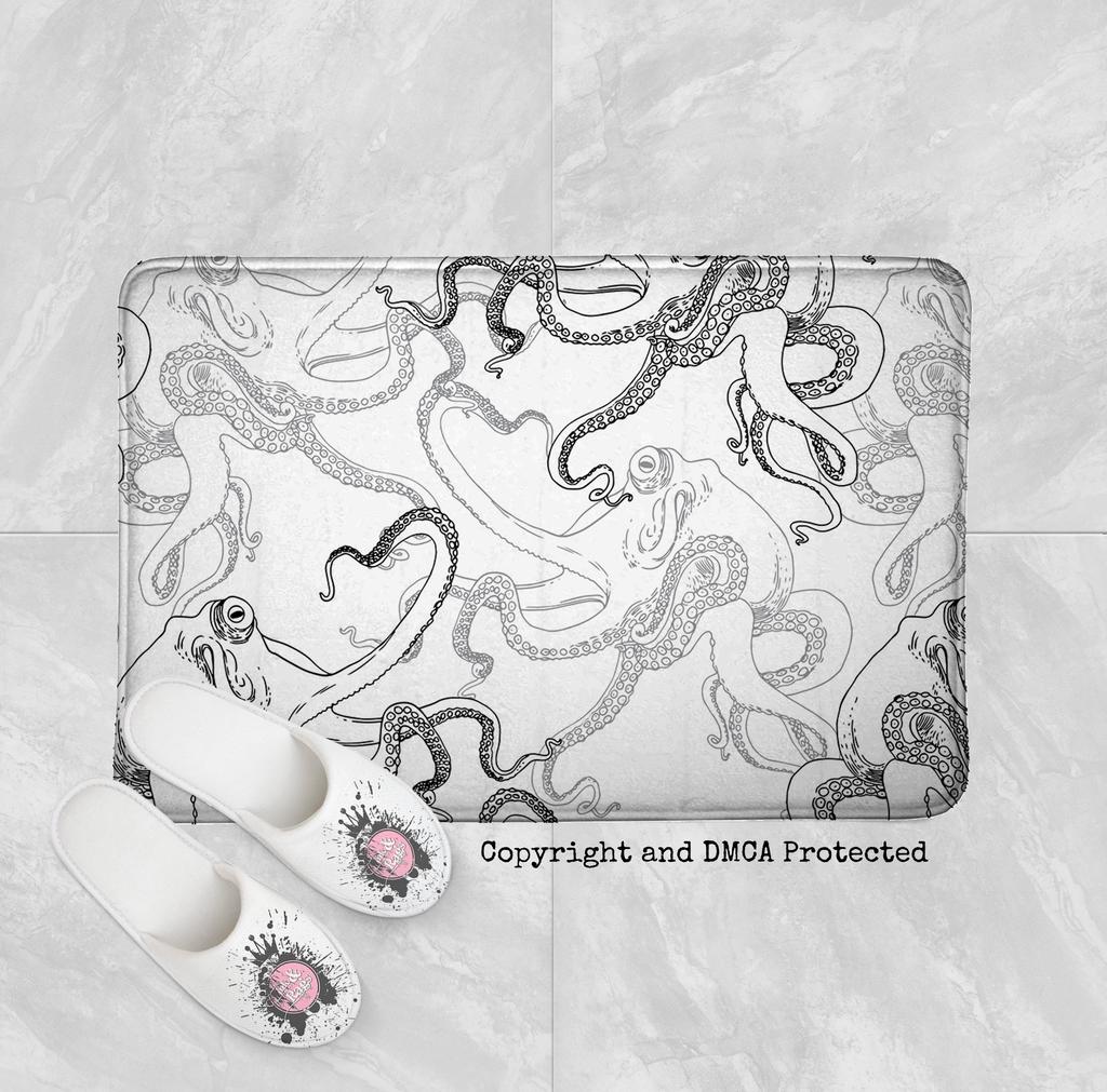 Black on White Octopus Shower Curtains and Optional Bath Mats
