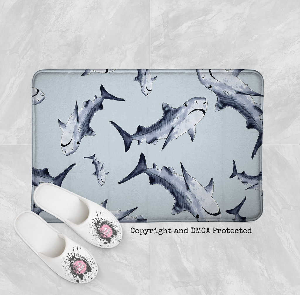 Blue Shark Shower Curtains and Optional Bath Mats