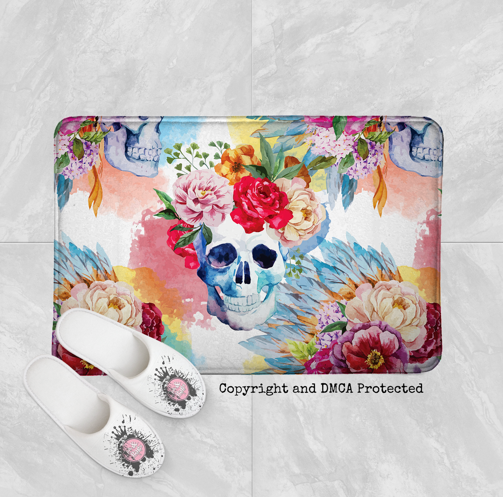 Bright Watercolor Skull & Flower Shower Curtains and Optional Bath Mats