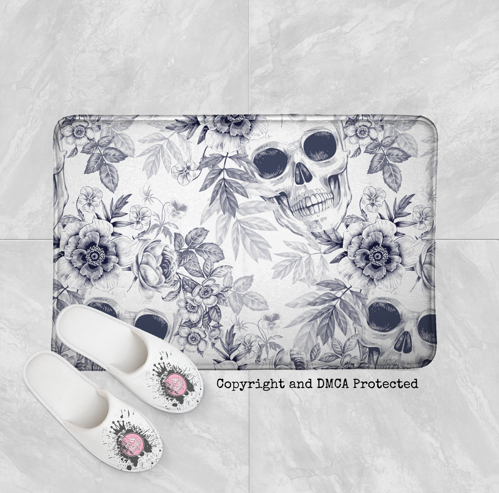 BluePrint on White Flower and Skull Shower Curtains and Optional Bath Mats