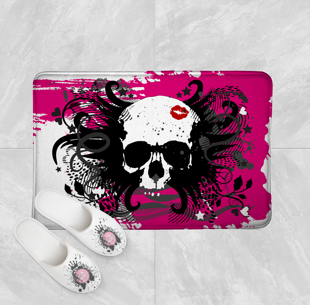 Hot Pink and Black Kiss Skull Shower Curtains and Optional Bath Mats