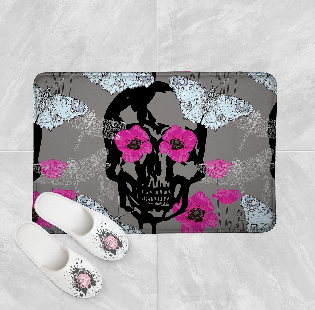 Hot Pink Poppy Skull Shower Curtains and Optional Bath Mats