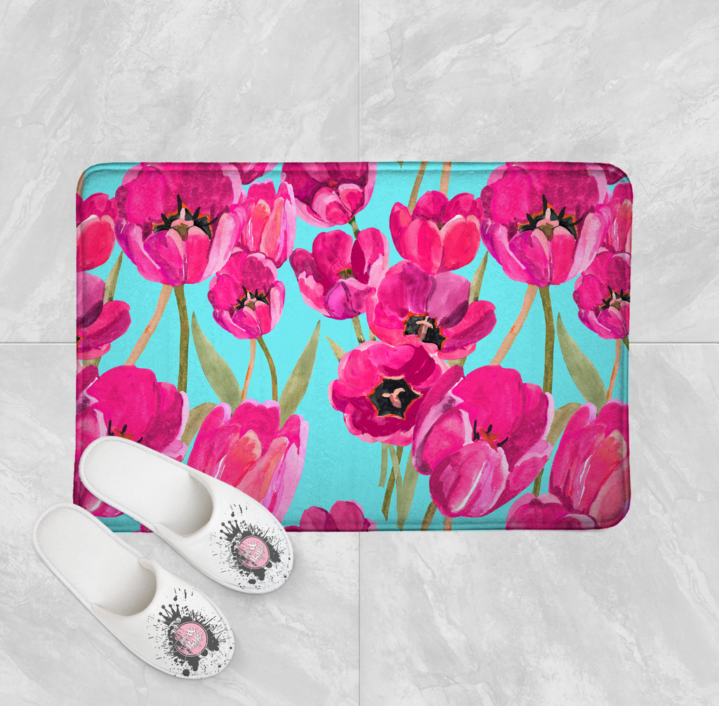 Pink Poppy and Turquoise Shower Curtains and Optional Bath Mats
