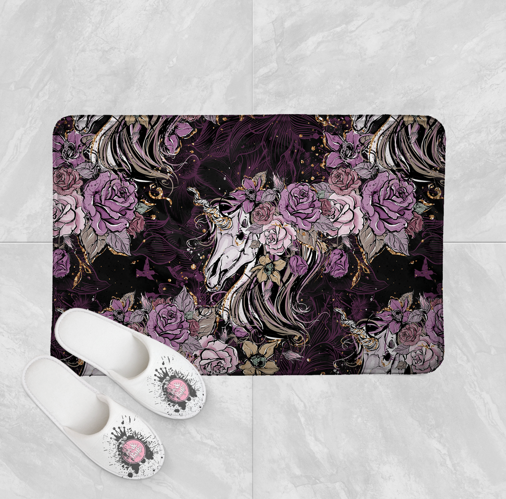 Purple Rose Unicorn Skull and Death Moth Shower Curtains and Optional Bath Mats