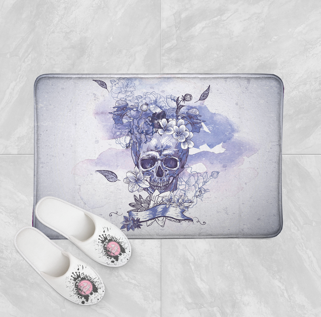 Purple Watercolor Floral Skull Shower Curtains and Optional Bath Mats