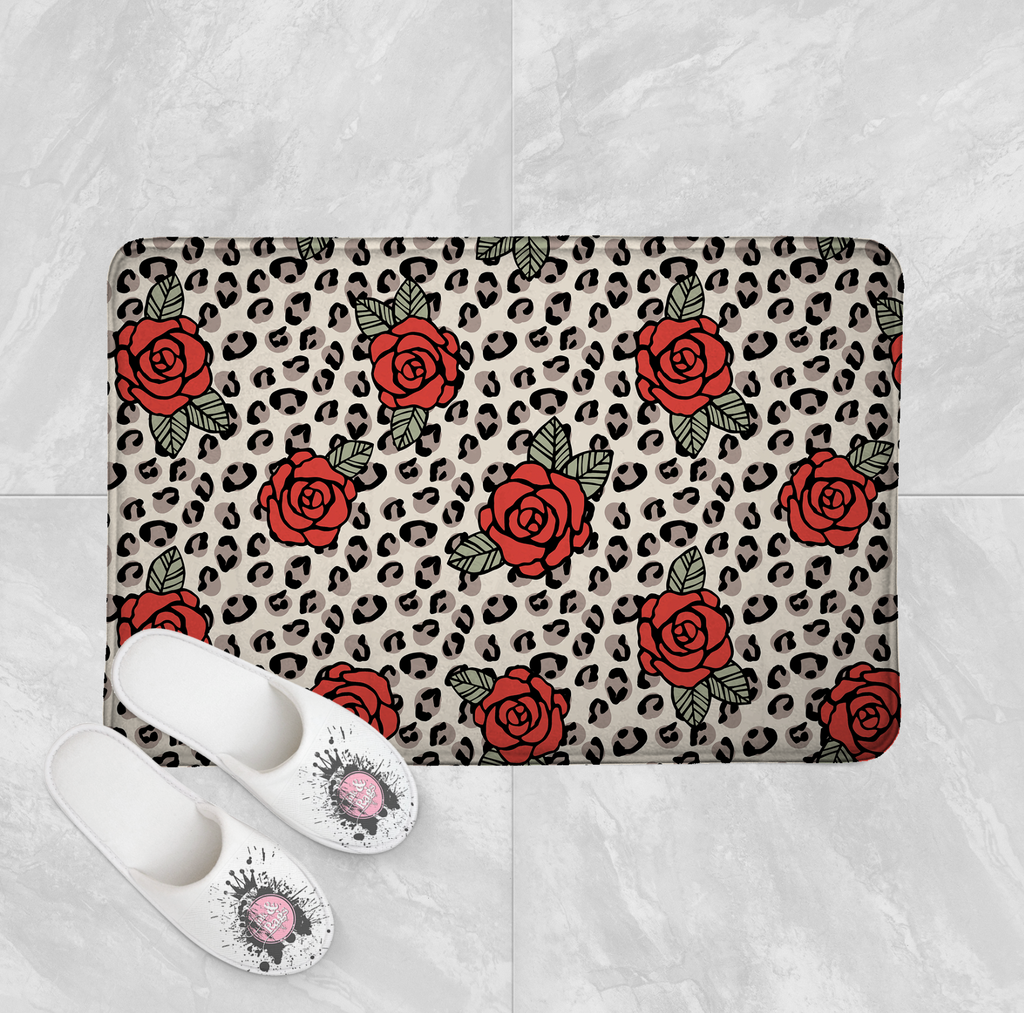 Rockabilly Rose and Leopard Shower Curtains and Optional Bath Mats