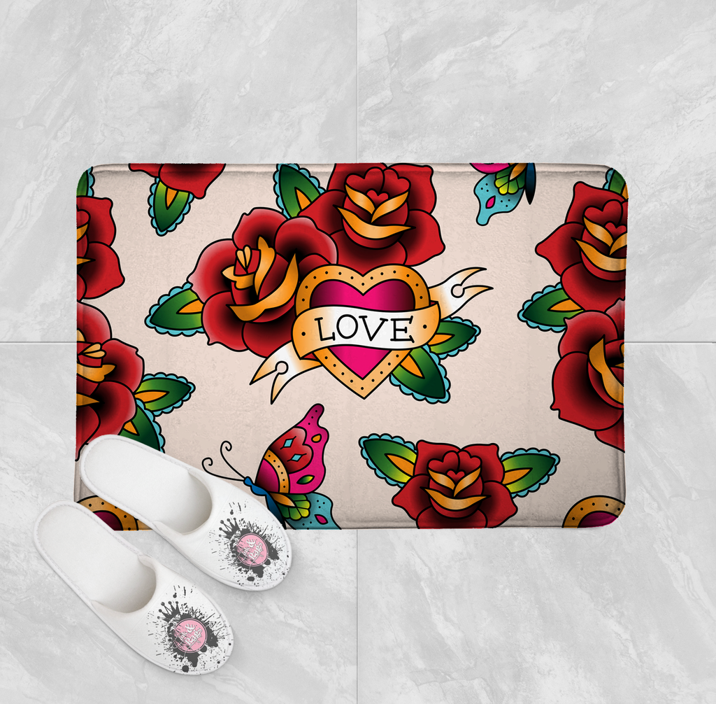 Rockabilly with Love Heart and Rose Design Shower Curtains and Optional Bath Mats