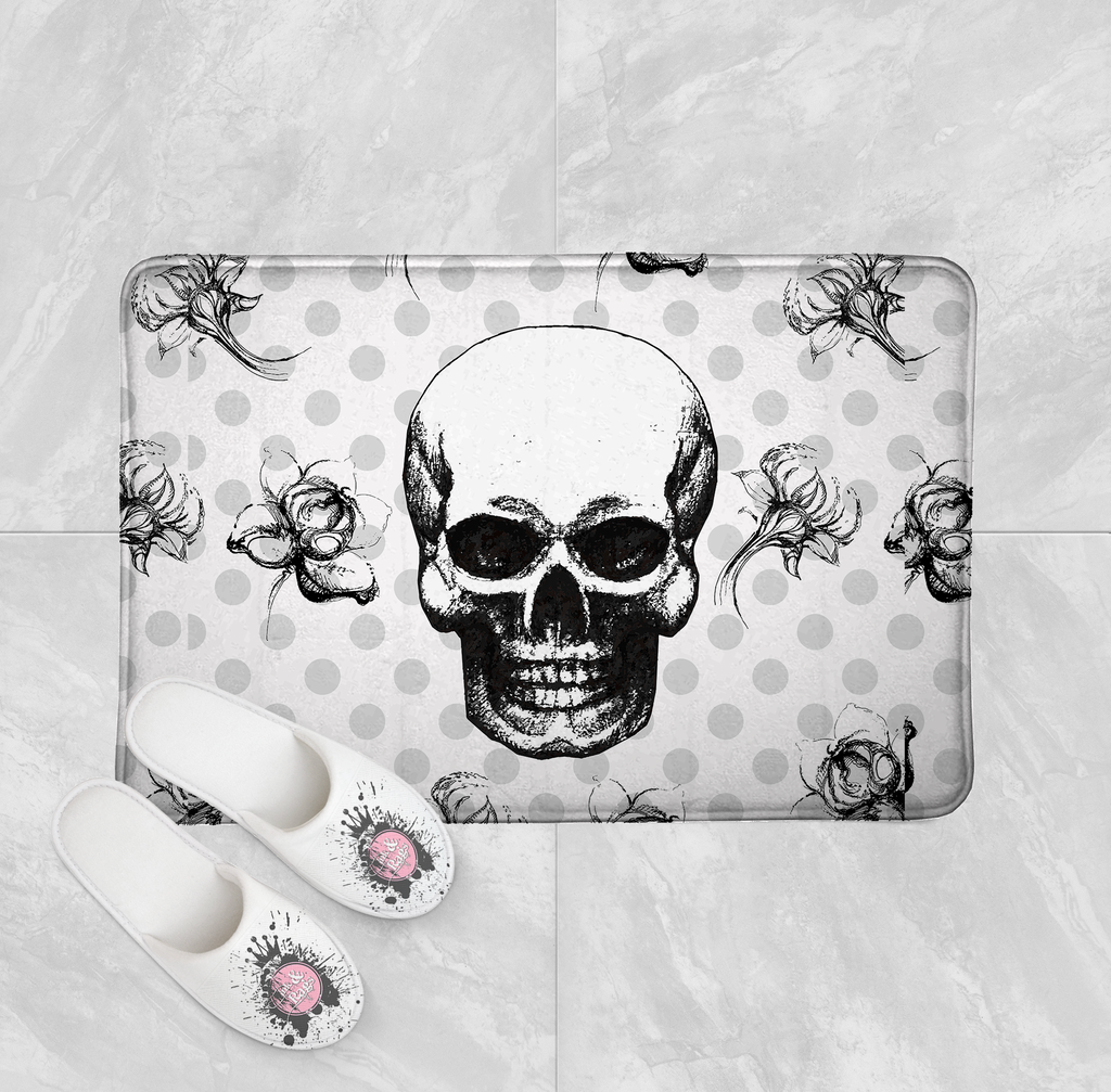 Skull Flower and Polka Dot Shower Curtains and Optional Bath Mats