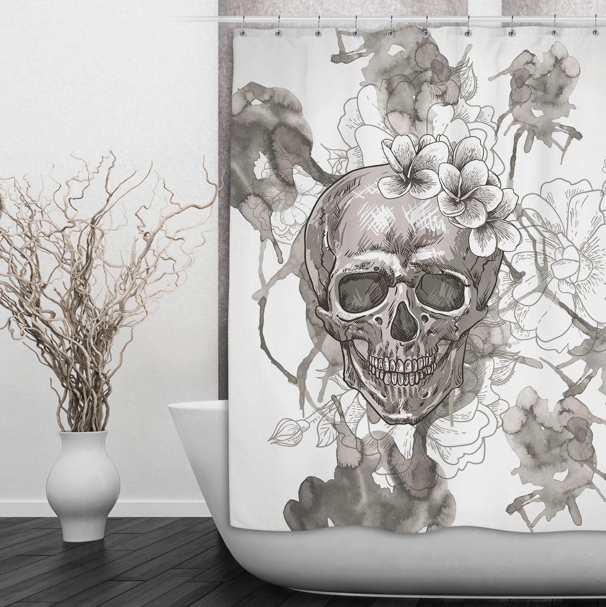Beige Watercolor Skull Shower Curtains and Optional Bath Mats – Ink and ...
