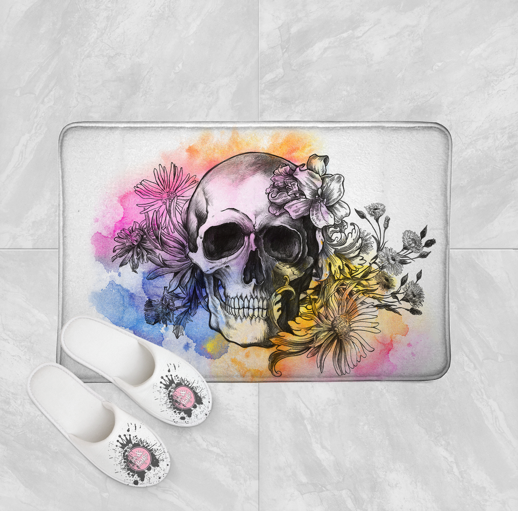 Black Sketch Watercolor Skull Shower Curtains and Optional Bath Mats