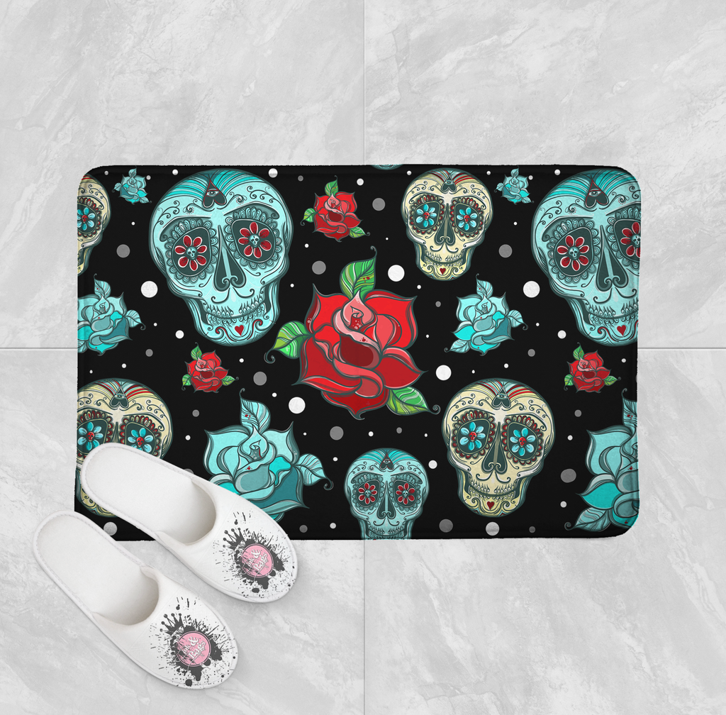 Teal Sugar Skull with Red Roses Shower Curtains and Optional Bath Mats