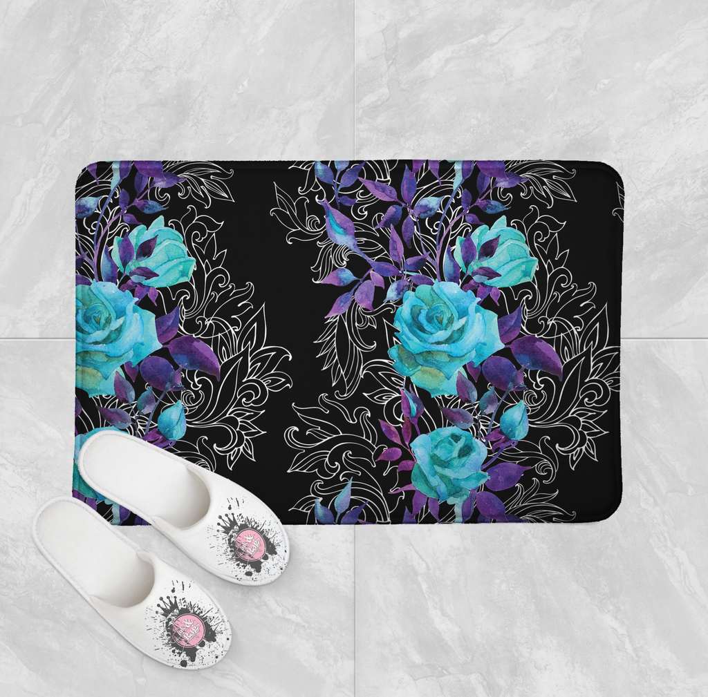 Turquoise and Purple Rose with Hand Drawn Scroll Work Shower Curtains and Optional Bath Mats