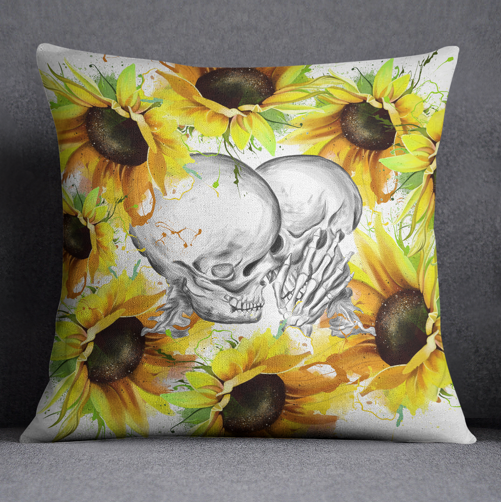 Sunflower Kiss Skull Throw Pillow