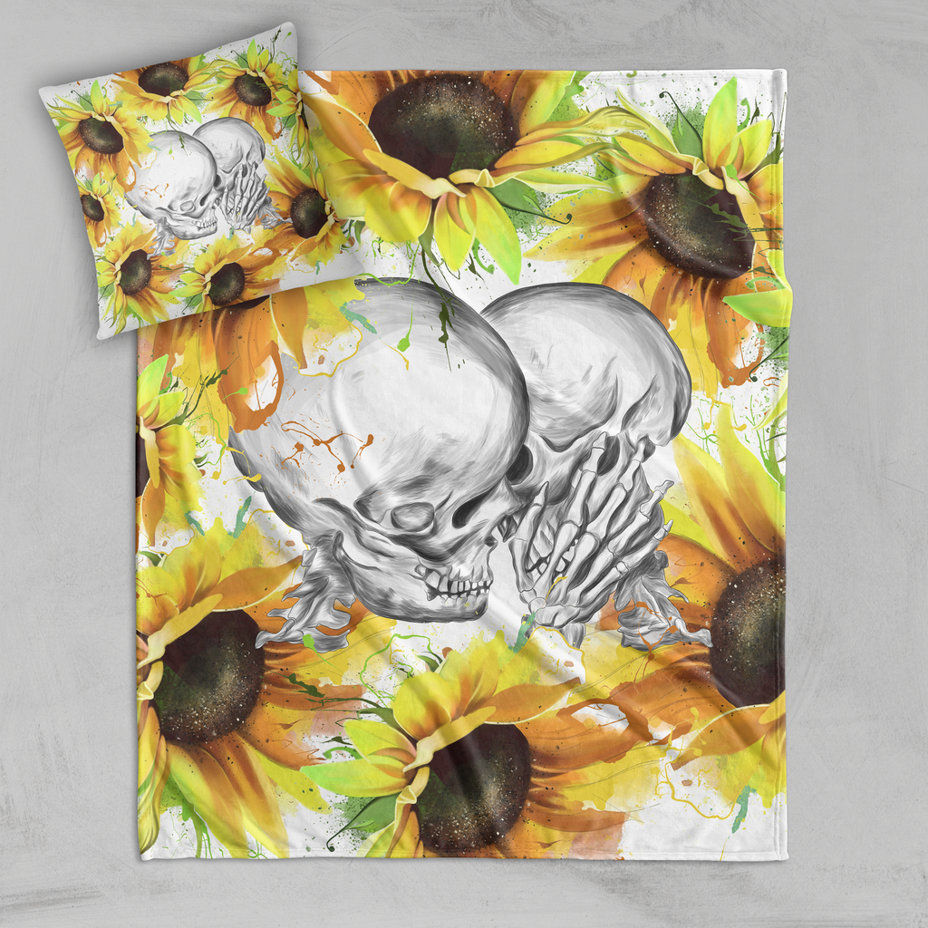 Sunflower Kiss Skull Decorative Throw and Pillow Cover Set