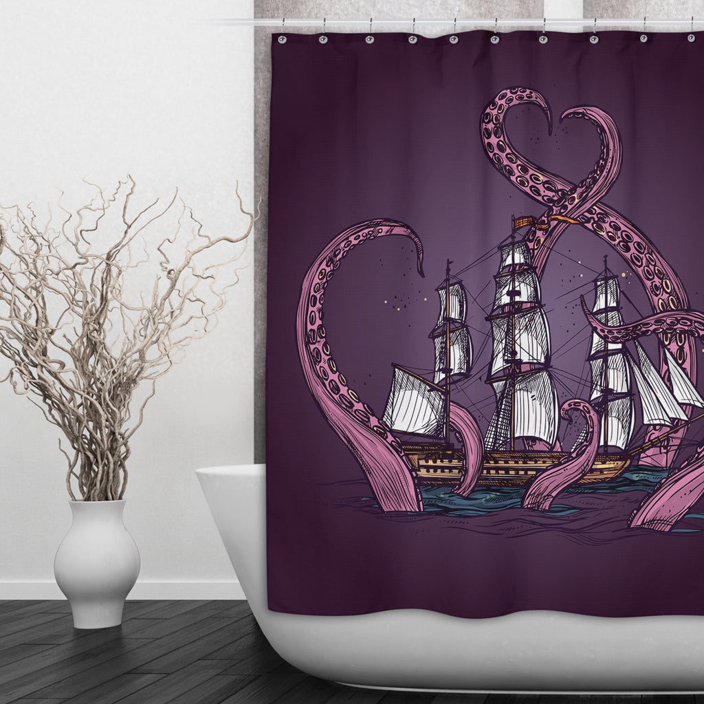 Purple Kraken and Ship Shower Curtains and Optional Bath Mats
