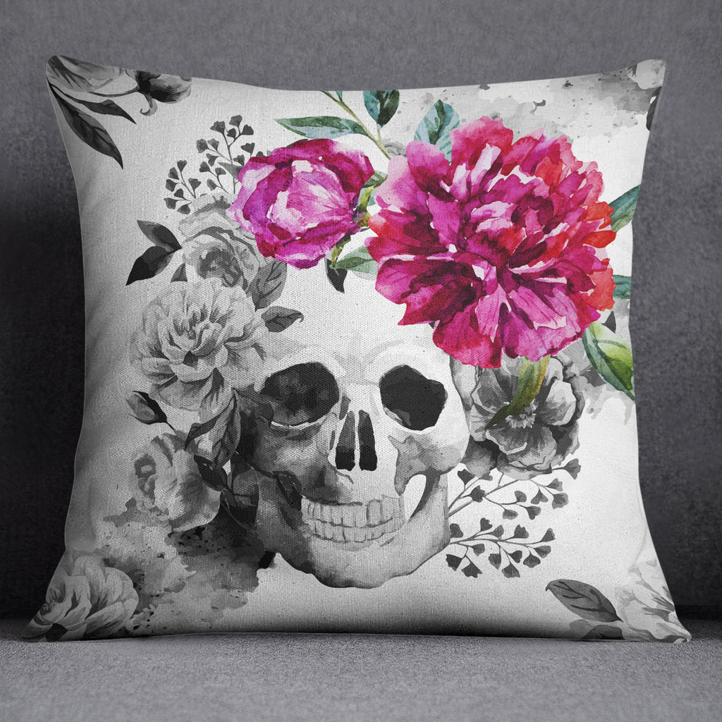 Black and White Watercolor with Pink Flower Throw Pillow