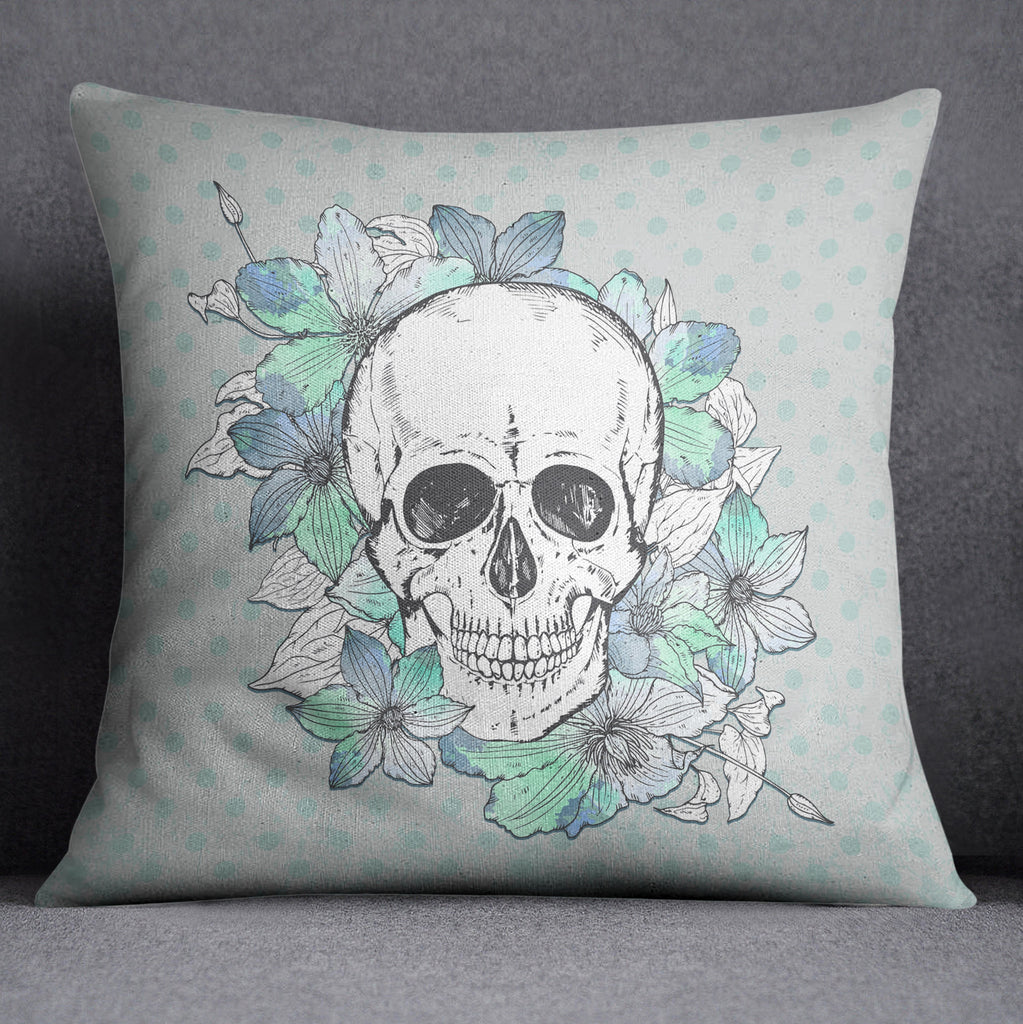 Blue Green Polka Dot Skull and Flower Throw Pillow