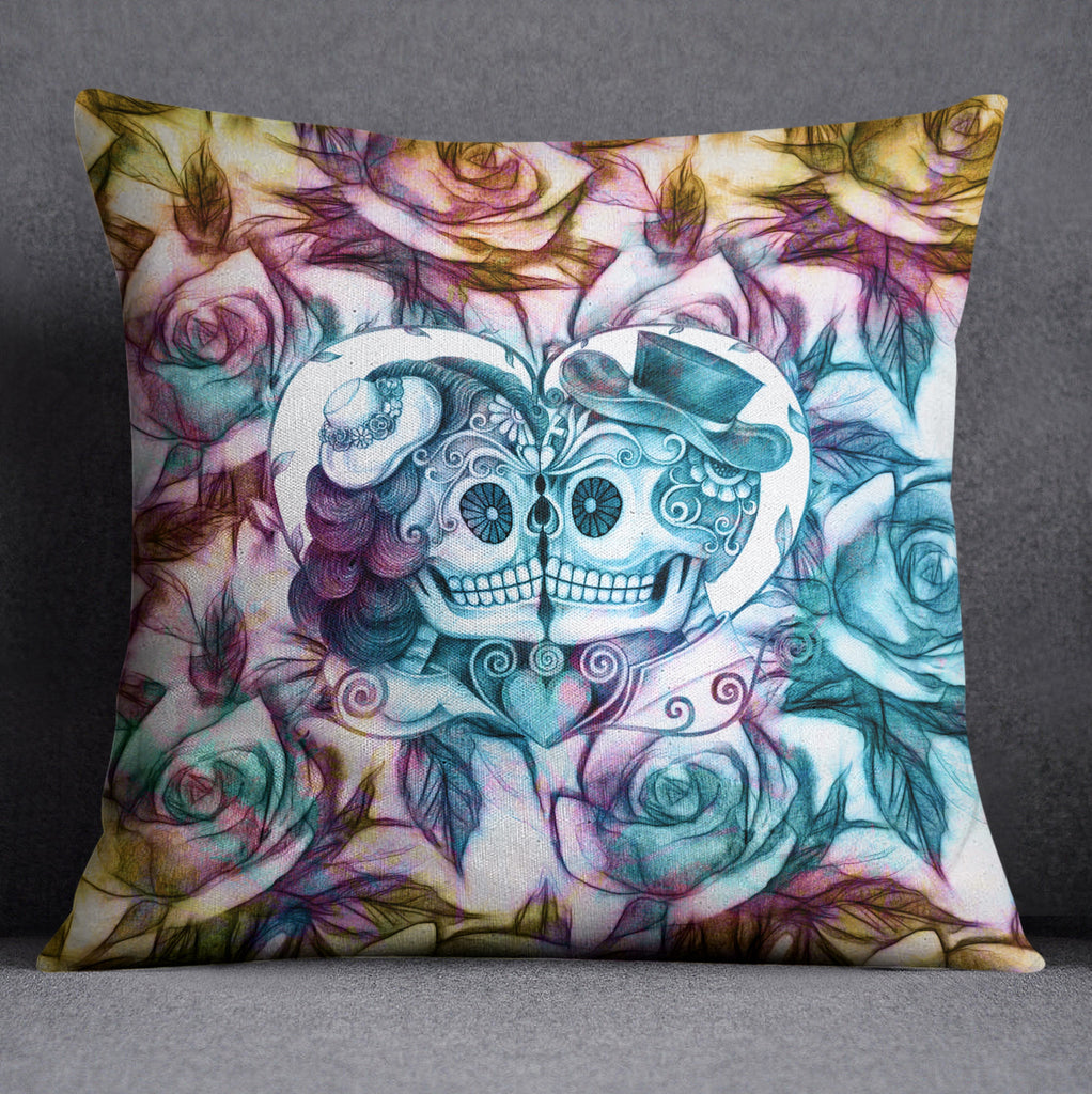 Purple Blue and Gold Sugar Skull Couple Throw Pillow