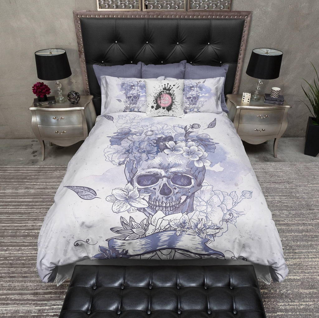 Purple and Blue Watercolor Flower Skull Bedding Collection
