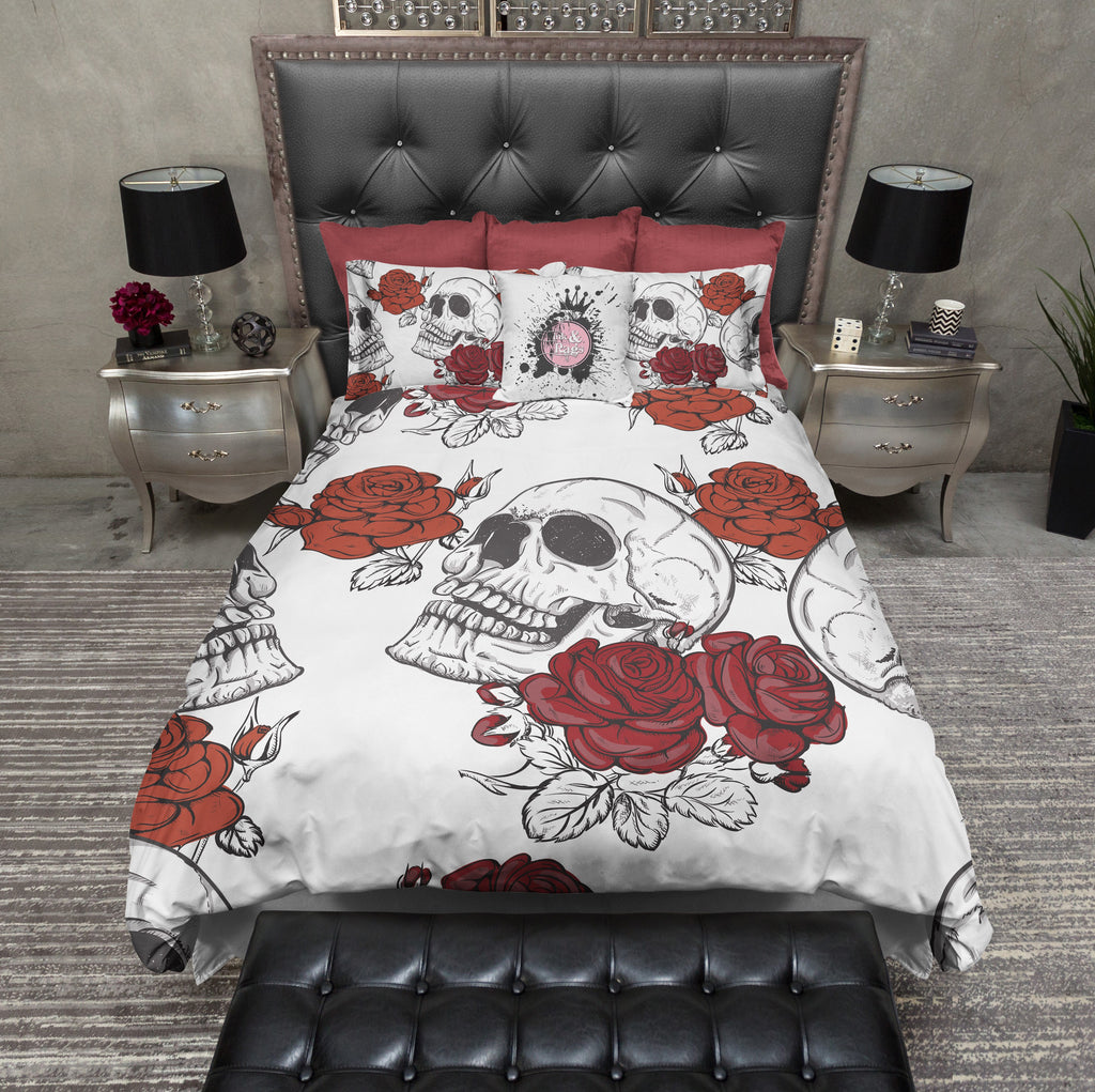 Shades of Red Rose and White Skull Bedding Collection
