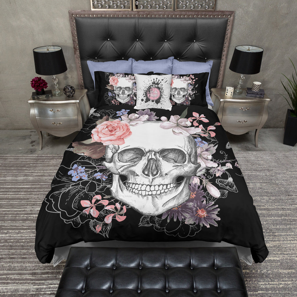 Black and Floral Skull Bedding Collection