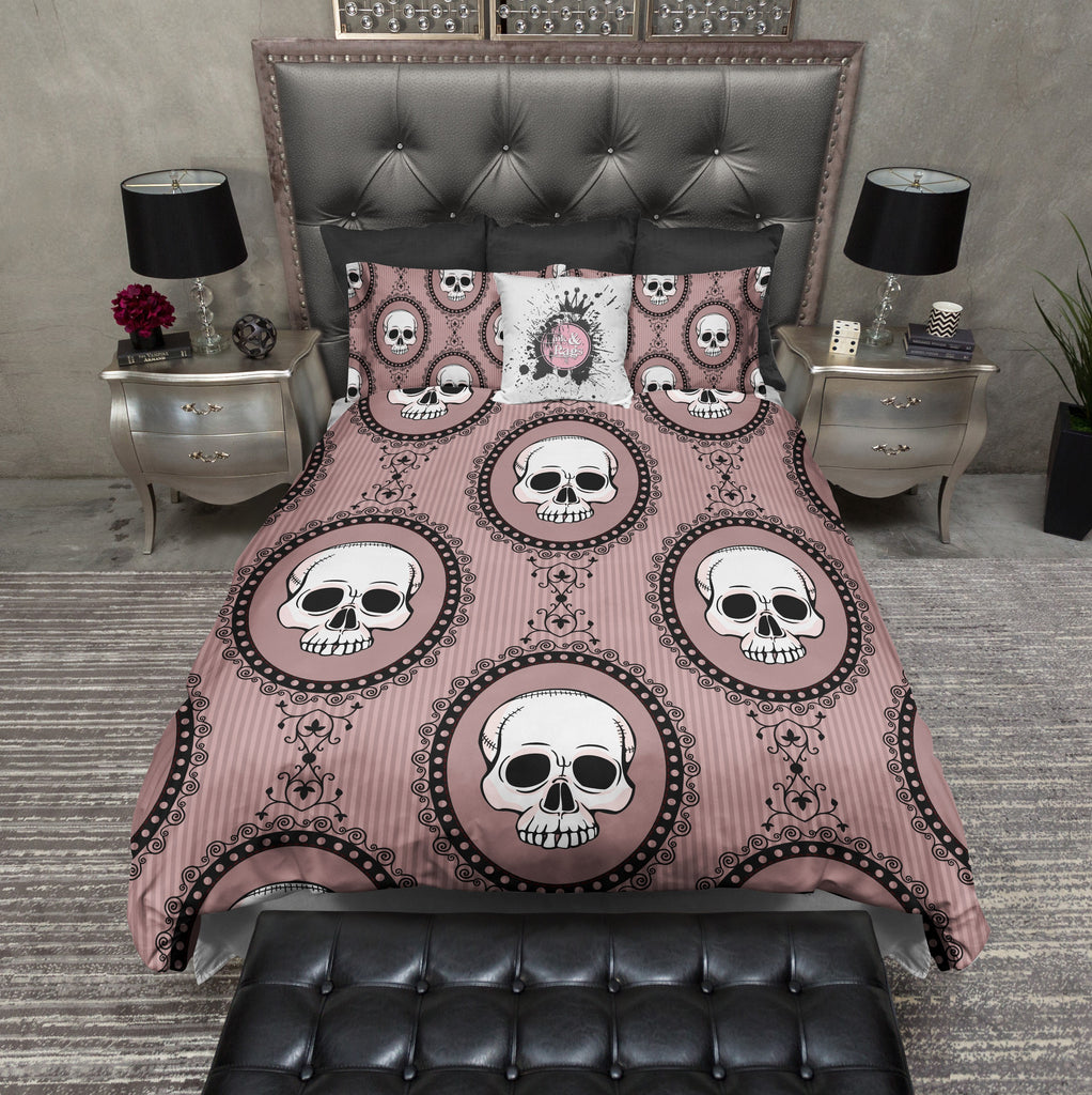 Pink and Black Baroque Cameo Skull Bedding Collection