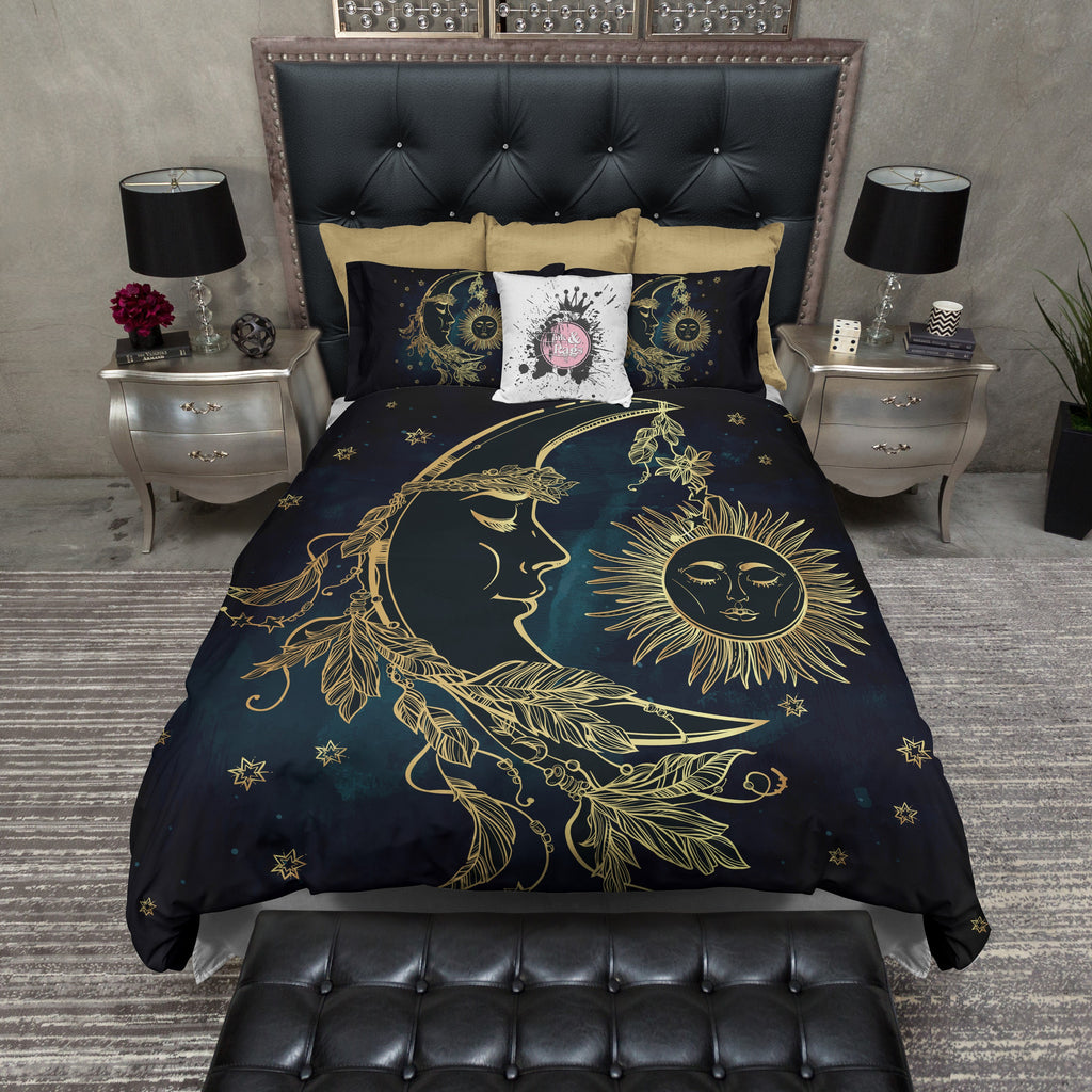 Boho Midnight Black Teal with Gold Sun Moon and Stars Bedding Collection