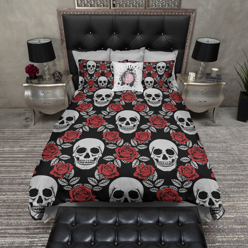Silver and Red Rose Skull Bedding Collection