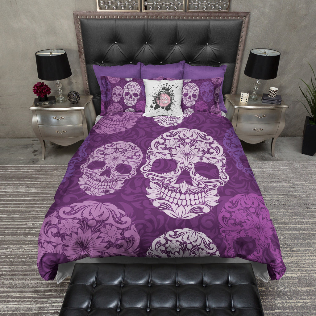 Purple Sugar Skull on Scroll Design Bedding Collection