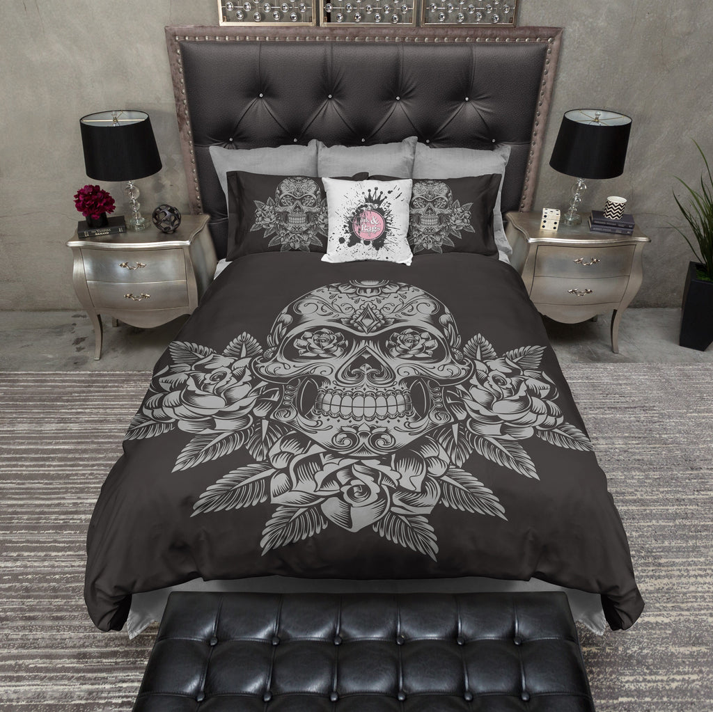 Grey Skull and Roses on Slate Bedding Collection