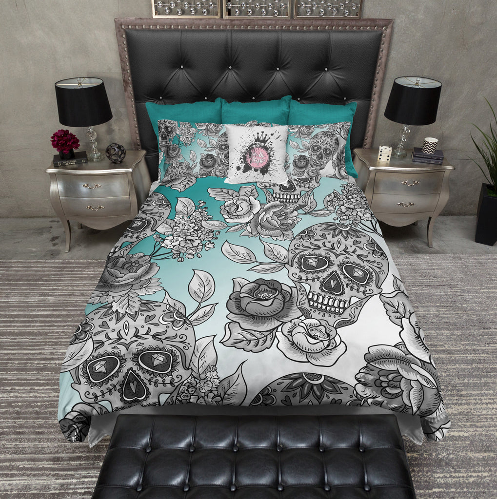 Dip Dyed Teal Ombre Sugar Skull Bedding Collection