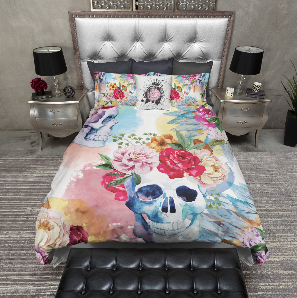 Bright Watercolor Skull and Flower Native American Indian Headdress Bedding Collection
