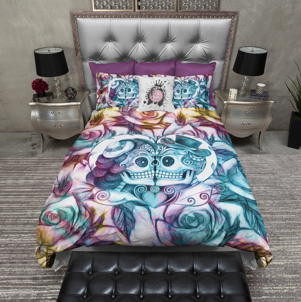 Purple Blue and Gold Kissing Sugar Skull Couple Bedding Collection