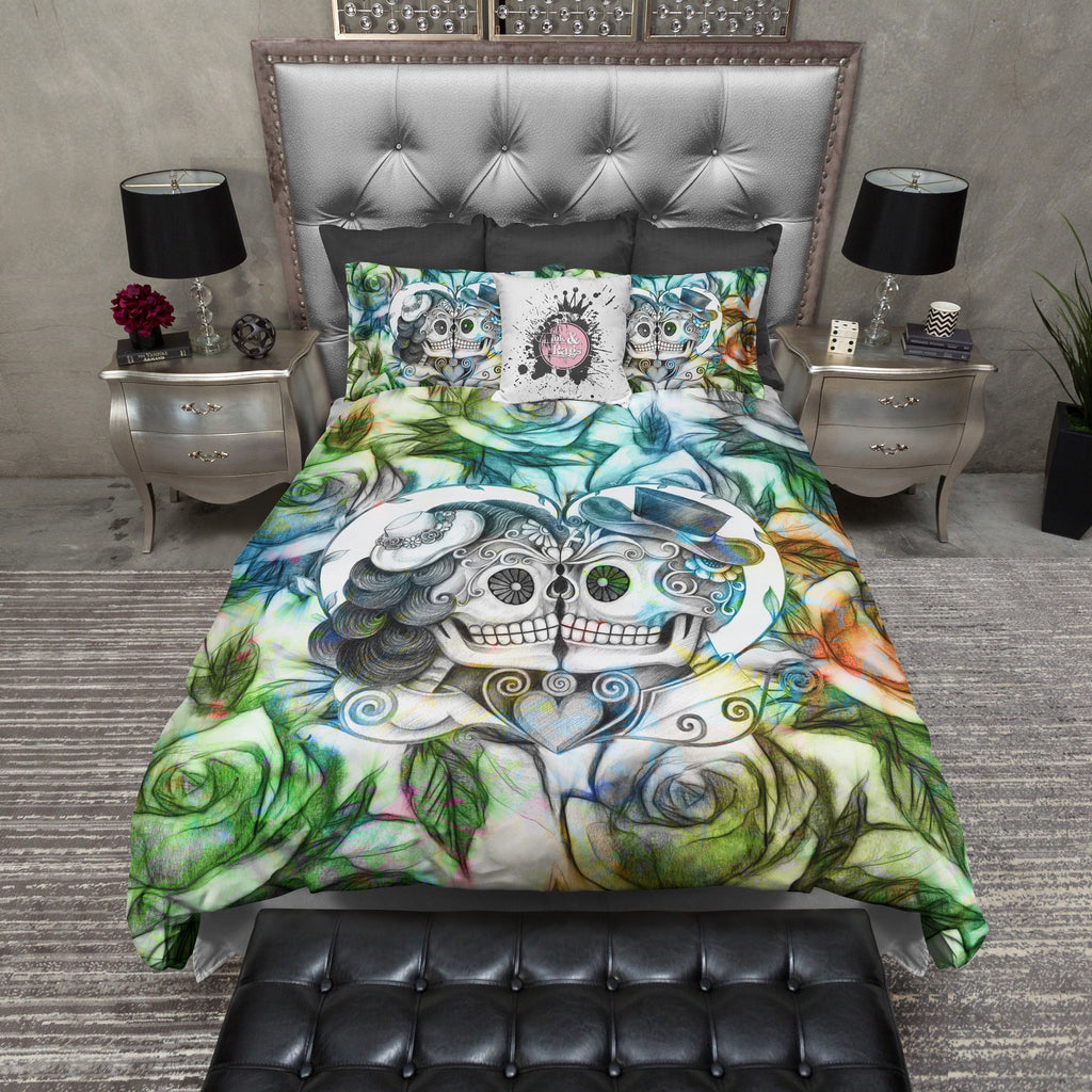 Blue Green and Gold Kissing Sugar Skull Couple Bedding Collection