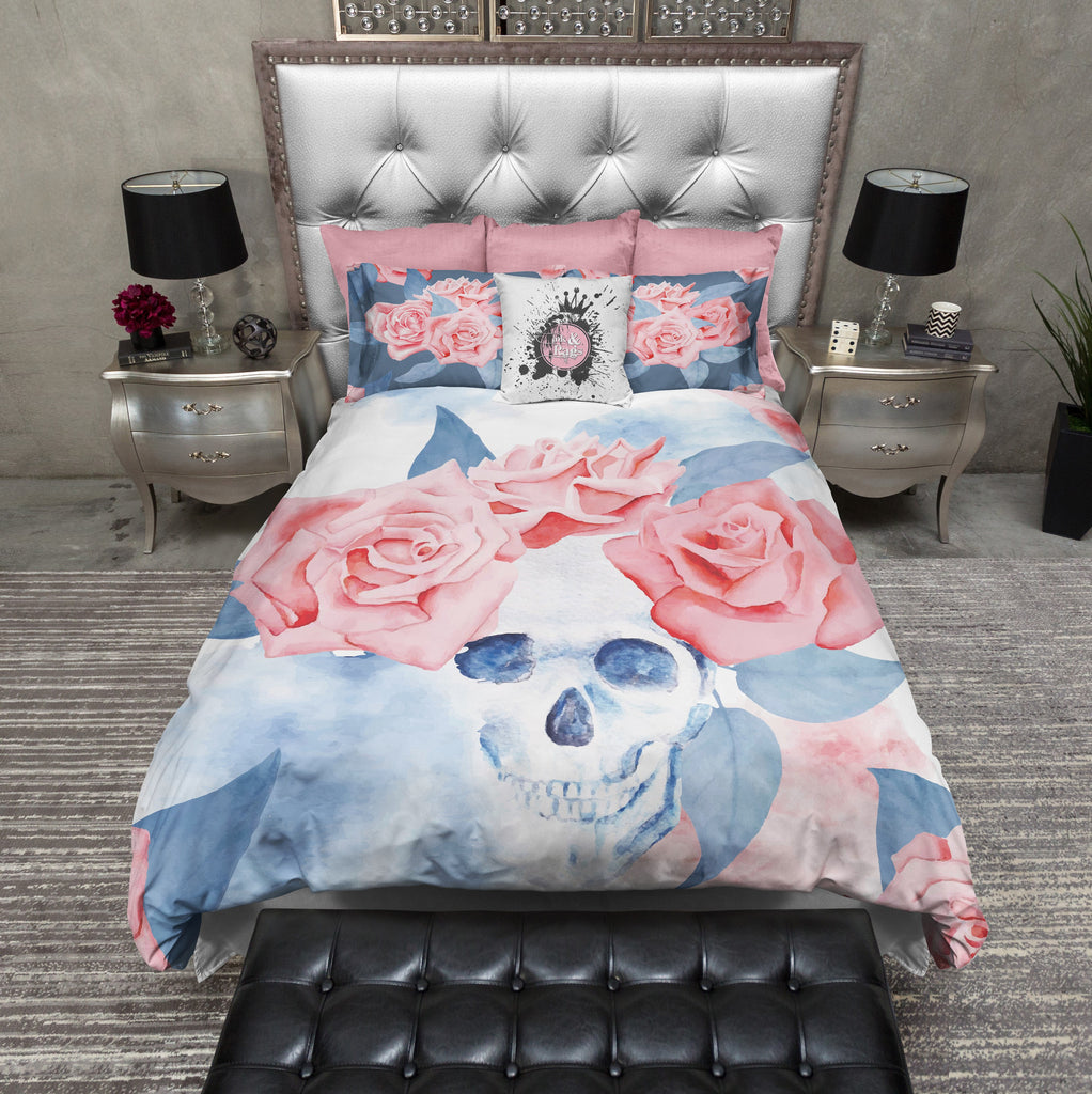 Blue and Pink Rose Watercolor Skull Bedding Collection
