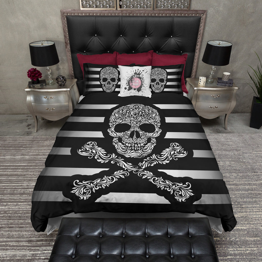 Black and White Stripe Skull and Crossbones Bedding Collection