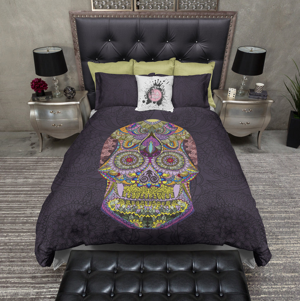 Detailed Dark Purple Mosaic Skull CREAM Bedding Collection