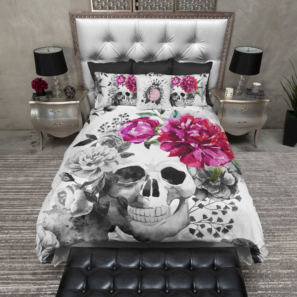 Black and White Pink Flower Watercolor Skull Bedding Collection