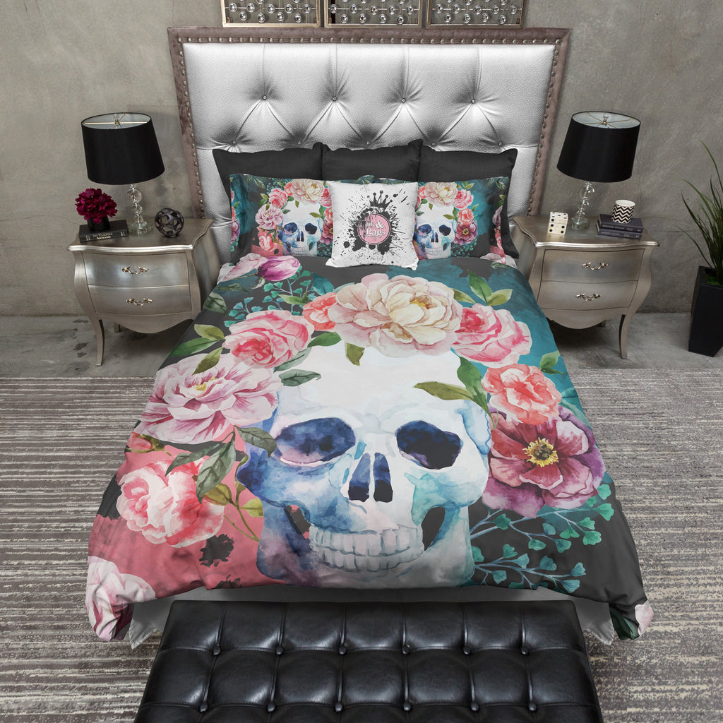 Green and Grey Watercolor Skull Bedding Collection