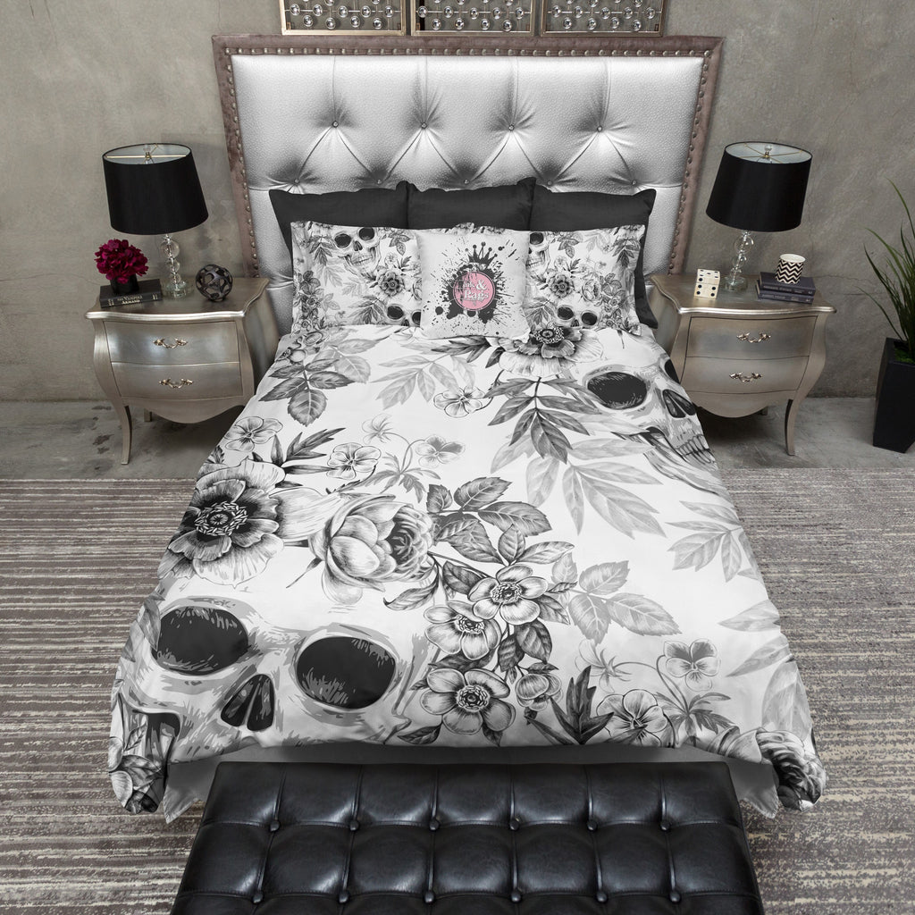 BlackPrint on White Flower and Skull Bedding Collection