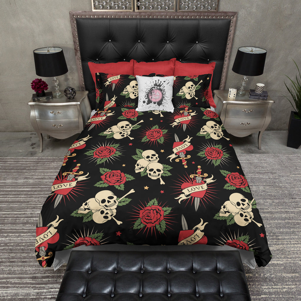 Love Skull Bedding with Hearts, Swords and Roses Bedding Collection